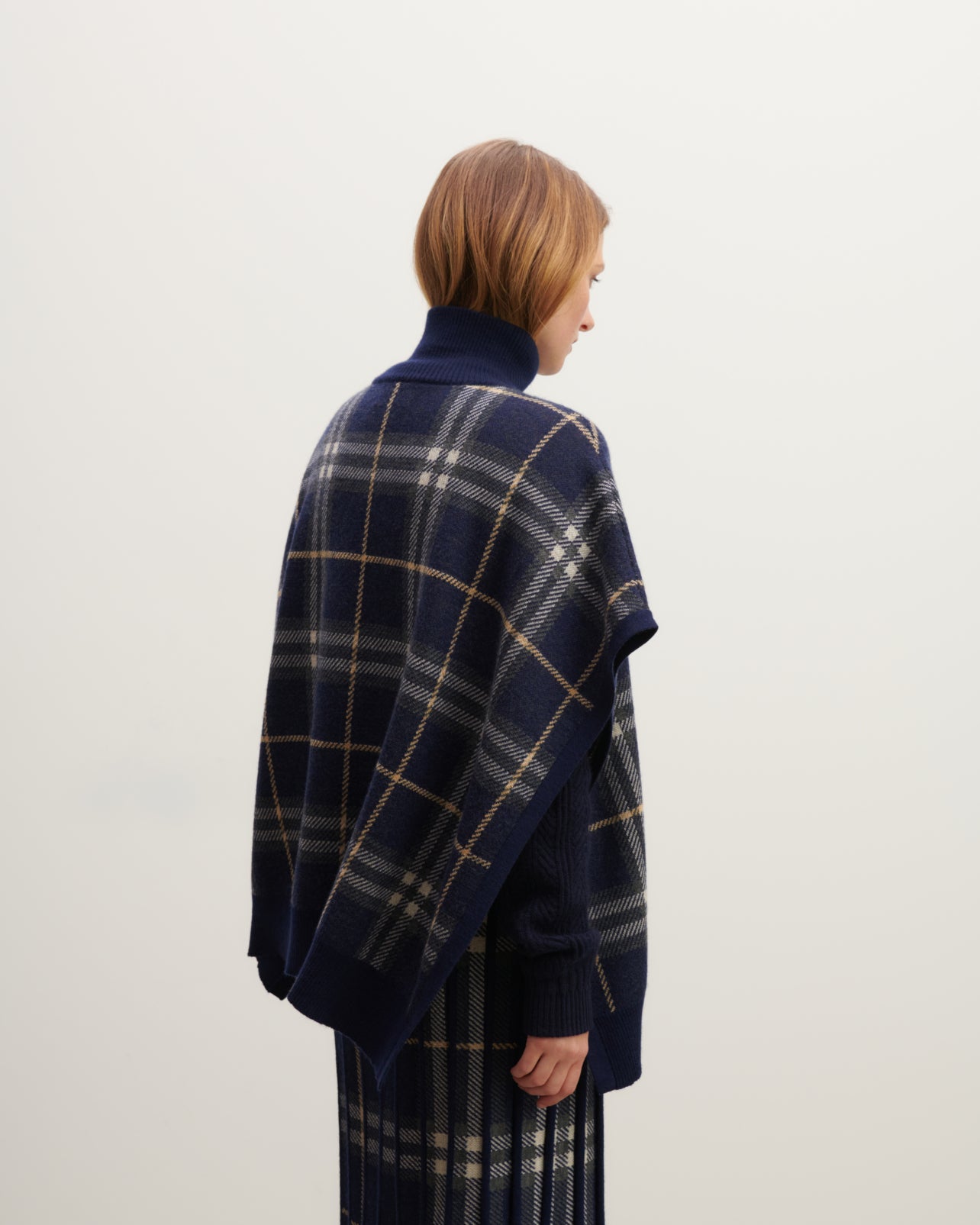 Poncho col roulé tartan-MARINE-83% LAINE 17% CACHEMIRE