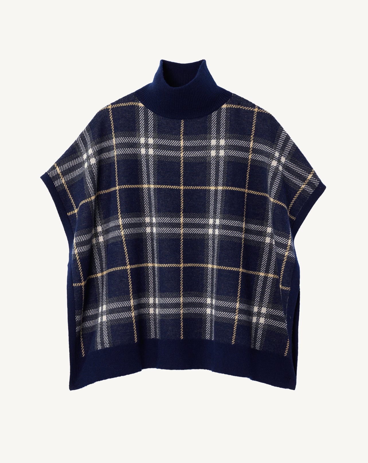 Poncho col roulé tartan-MARINE-83% LAINE 17% CACHEMIRE