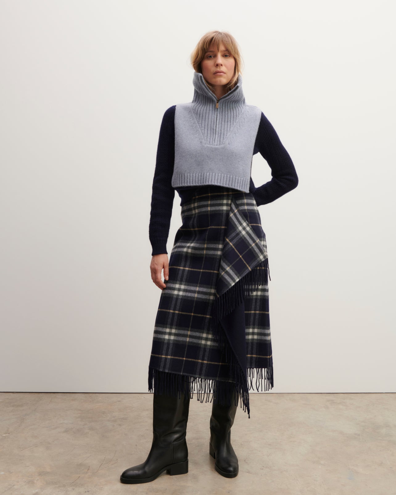 Jupe drapée tartan-MARINE-90% laine 10% cachemire