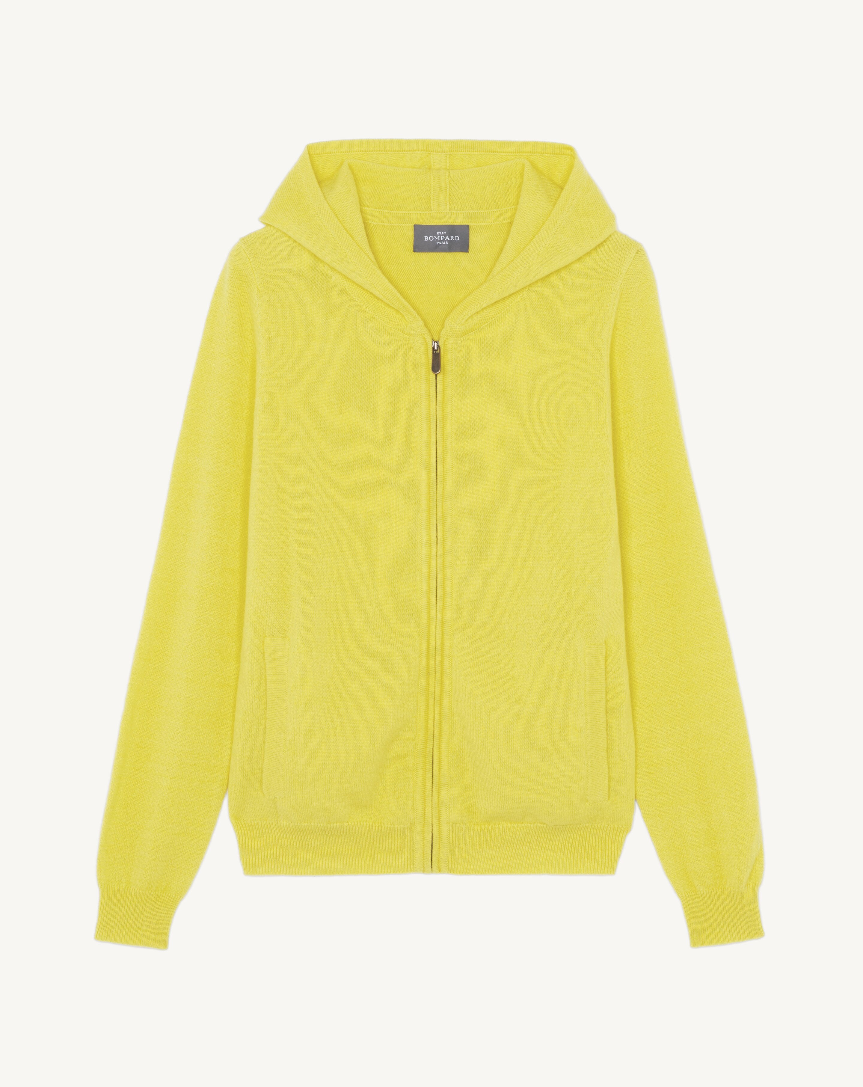 Pull à capuche zippé-JAUNE TENNIS-100% cachemire