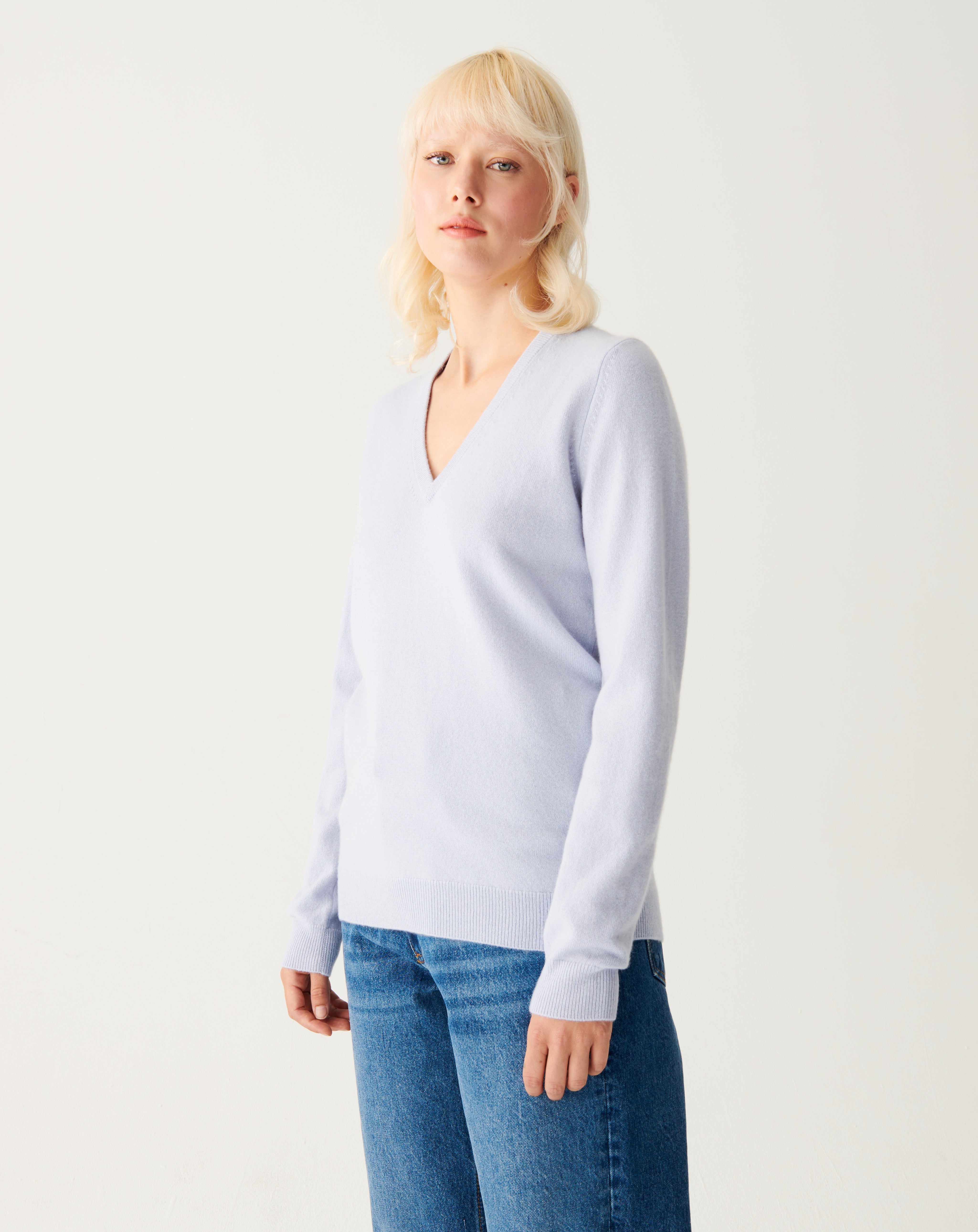 Pull V classique-BLEU CIEL-100% CACHEMIRE