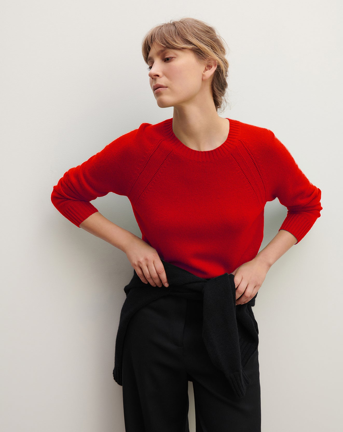 Pull col rond pointelle-ROUGE GORGE-100% cachemire