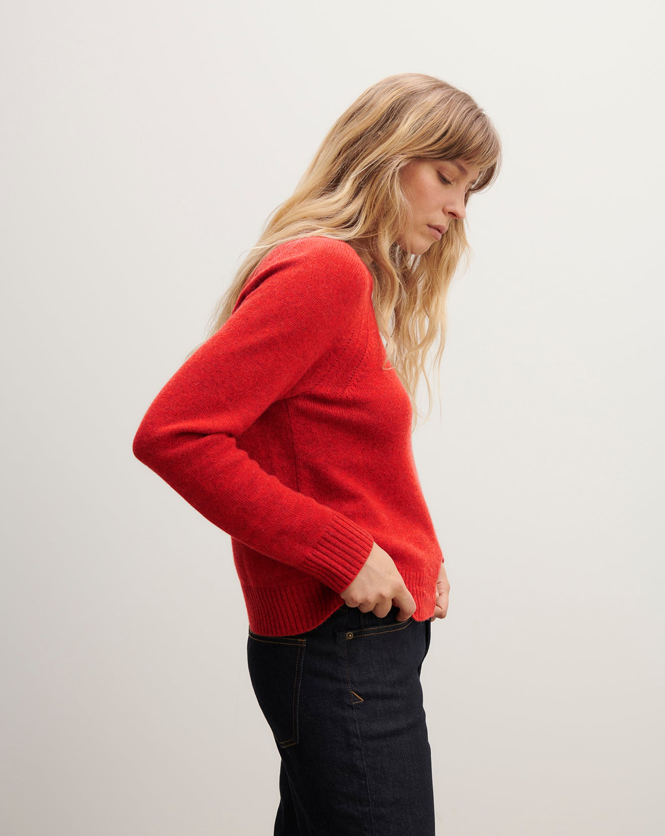 Pull col rond pointelle-ROUGE GORGE-100% cachemire