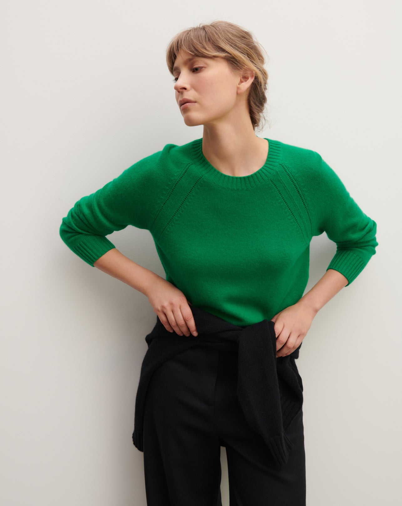 Pull col rond pointelle-VERT CAROUBY-100% cachemire