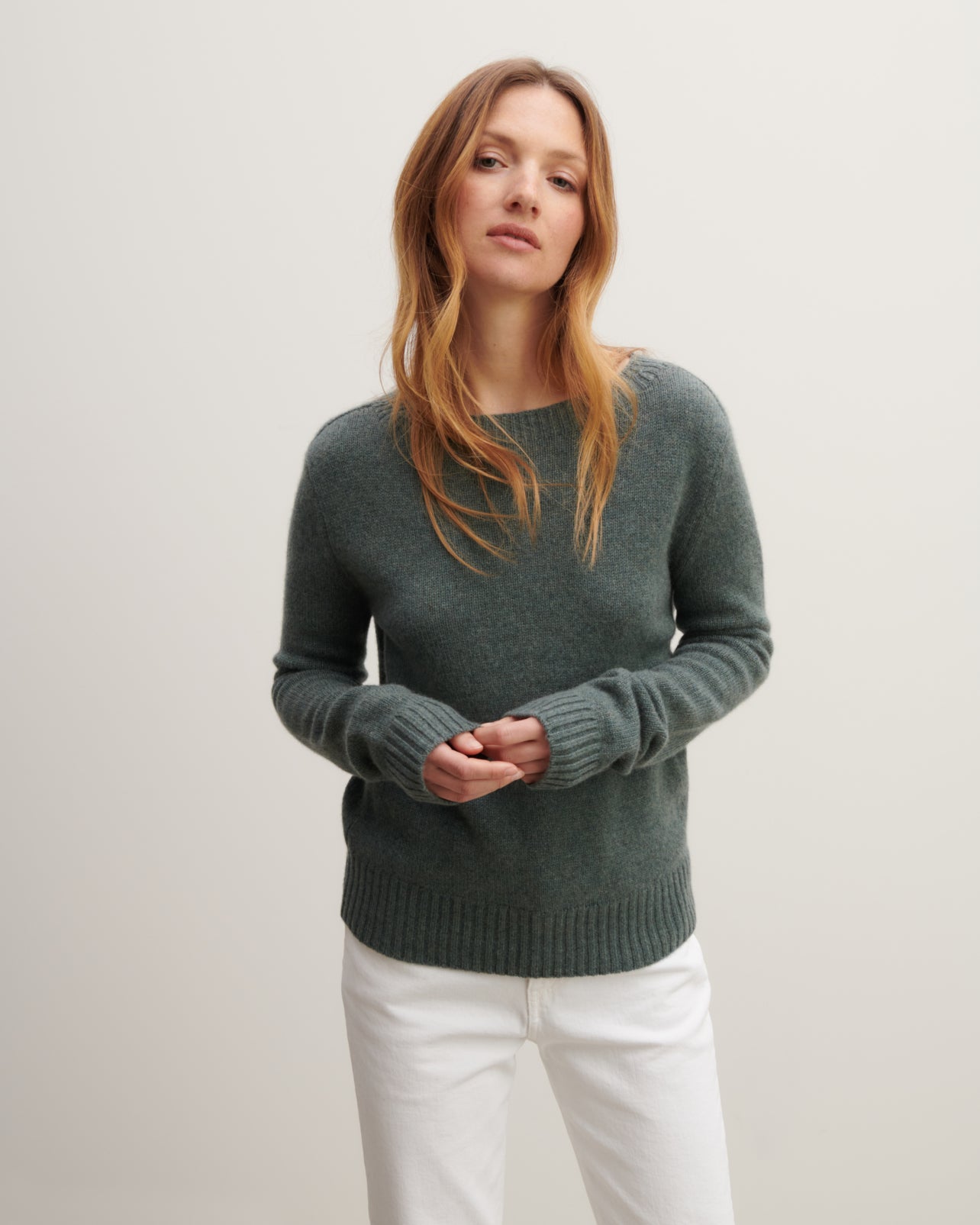 Pull col rond-VERT RIVAGE-100% cachemire