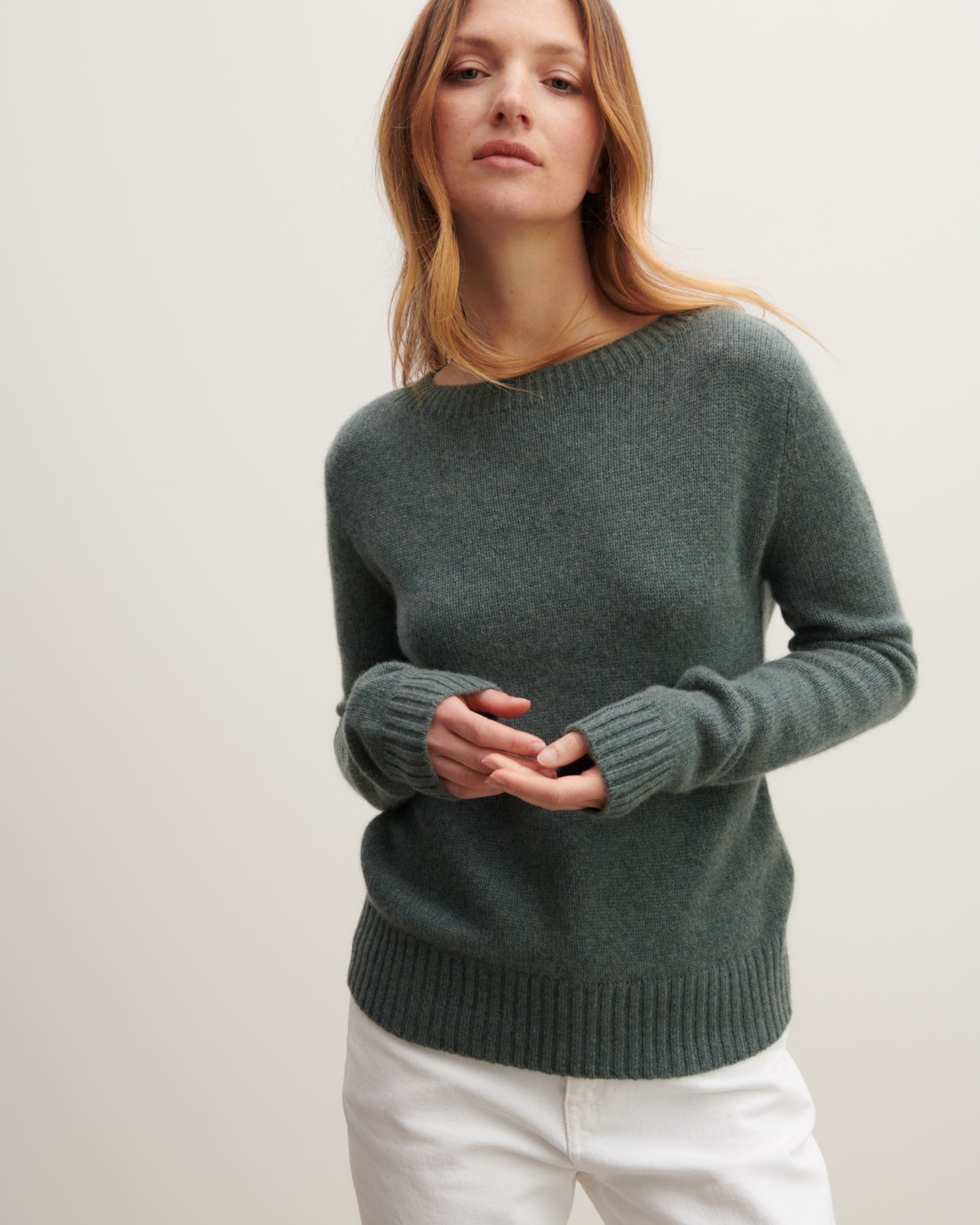 Pull col rond-VERT RIVAGE-100% cachemire