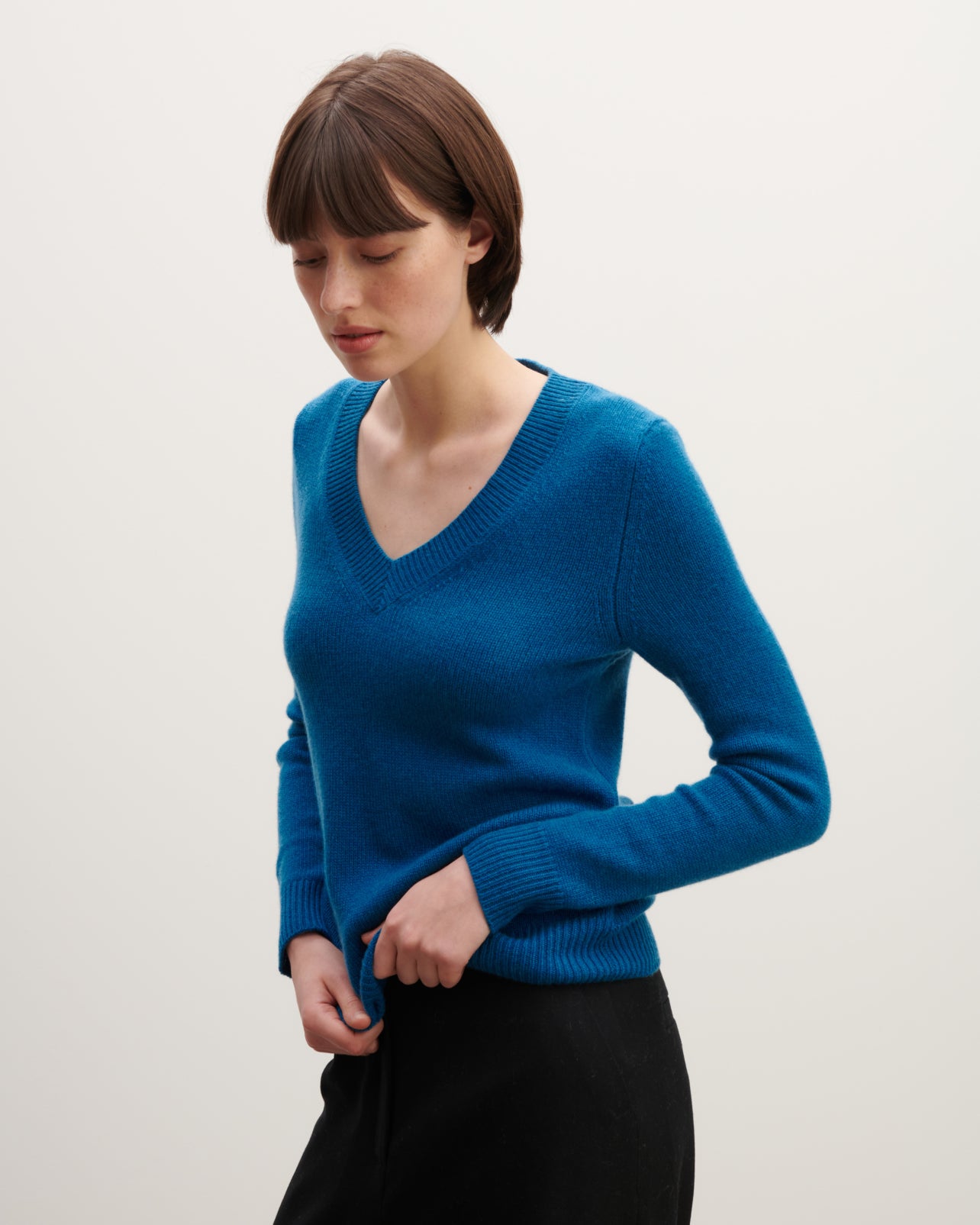 Pull col V-BLEU PAON-100% cachemire