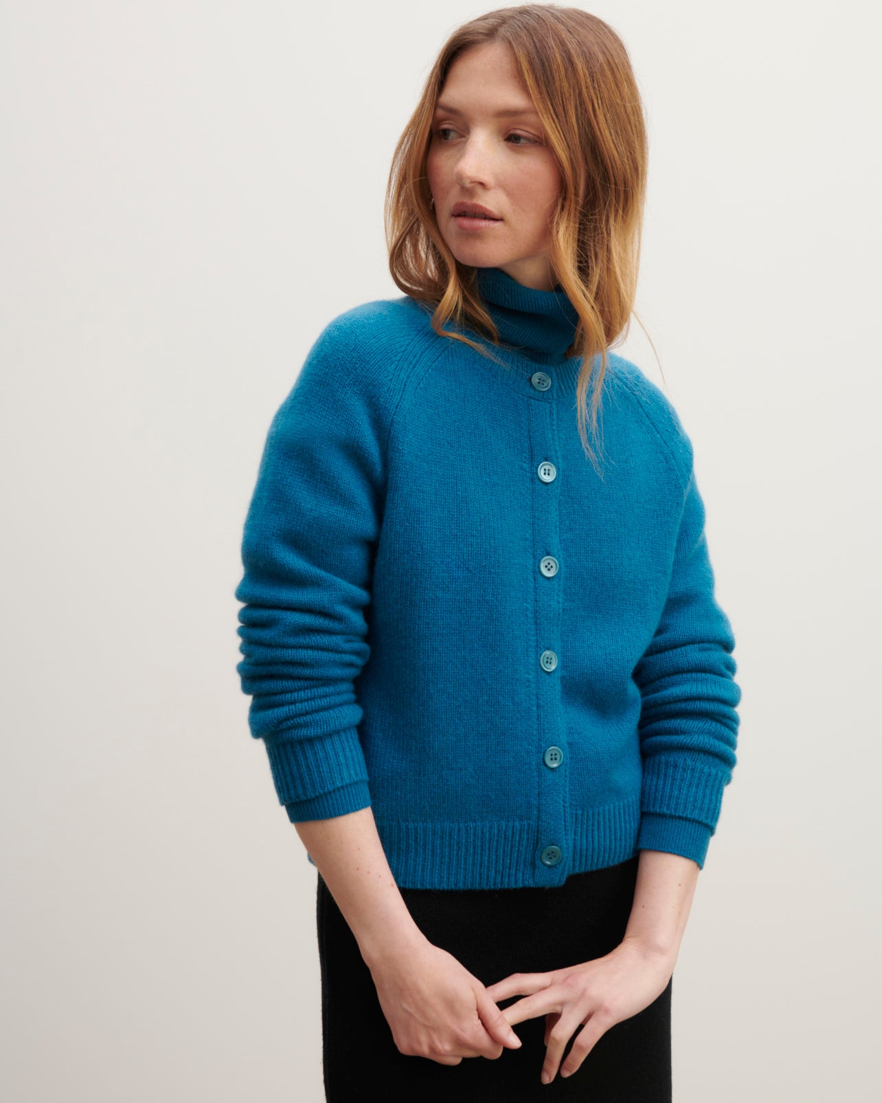 Cardigan manches raglan-BLEU PAON-100% cachemire