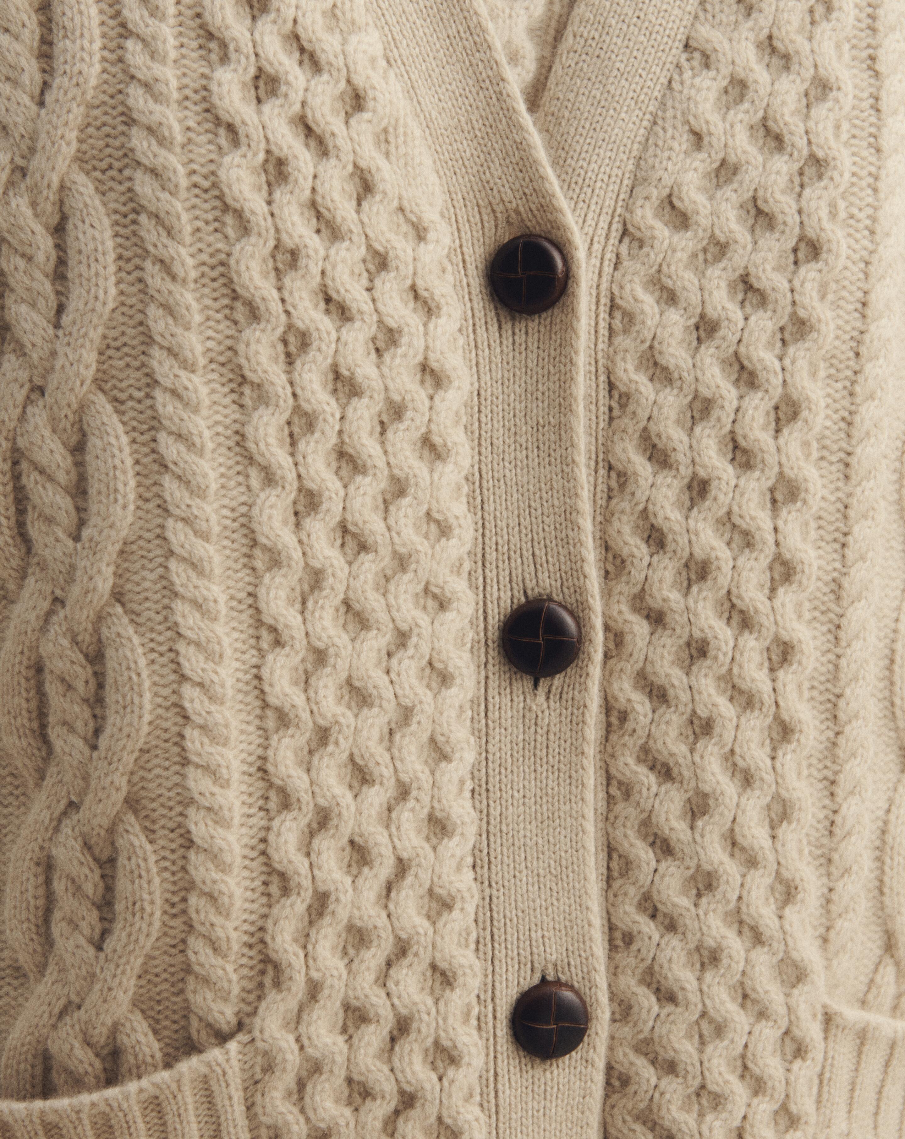 Cardigan ample jeux de torsades à poches fentes côtés-BEIGE-100% cachemire