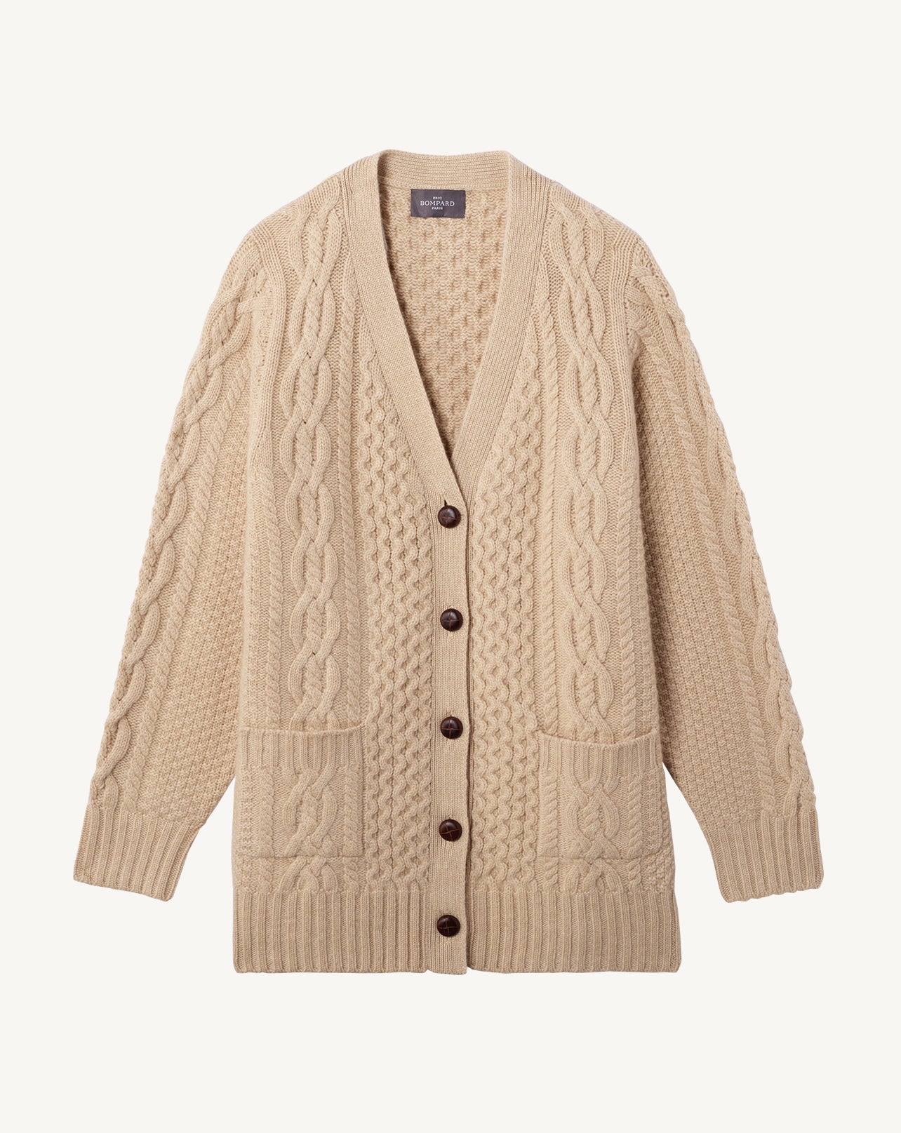 Cardigan ample jeux de torsades à poches fentes côtés-BEIGE-100% cachemire