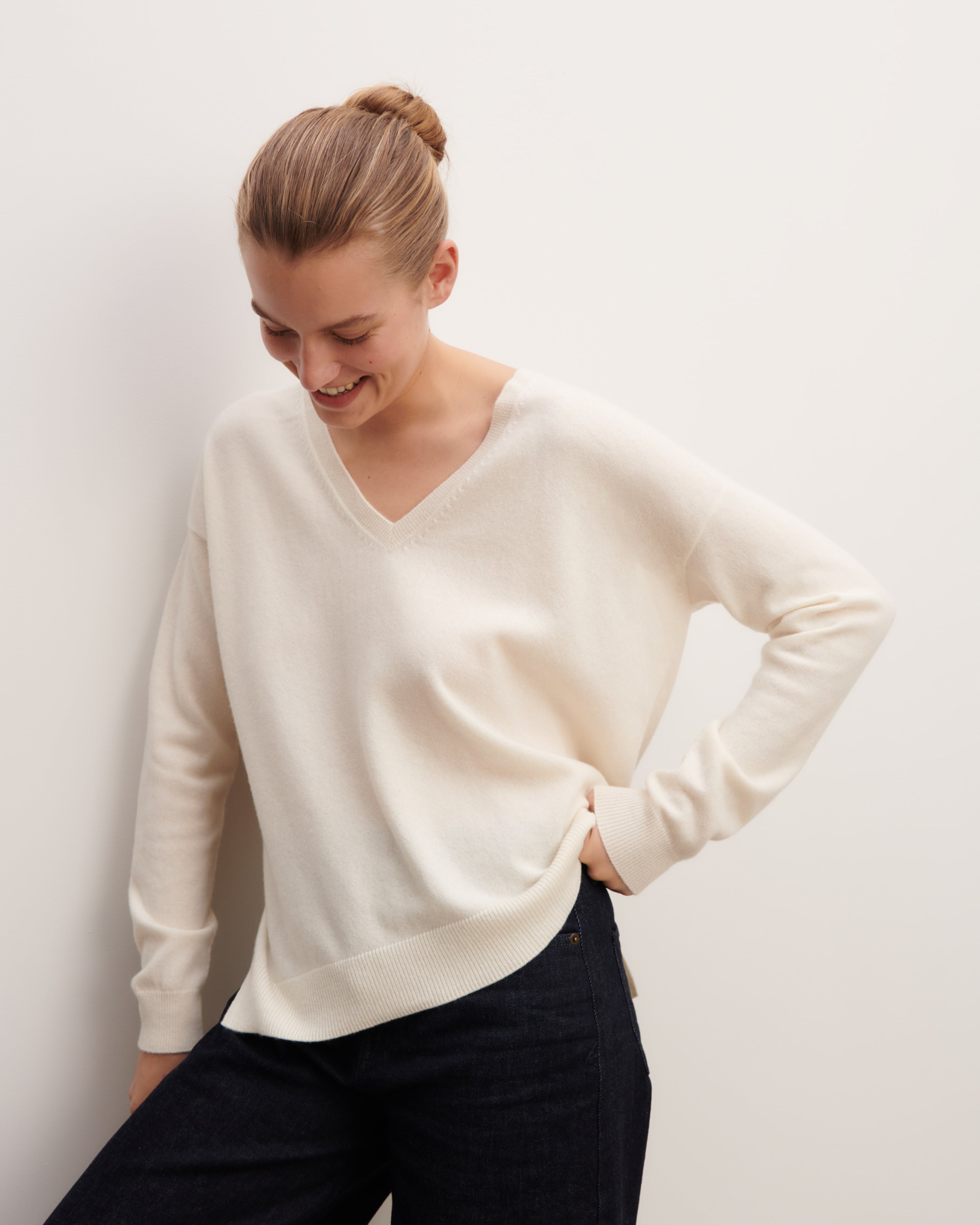 Pull col V ample-NATUREL-100% cachemire