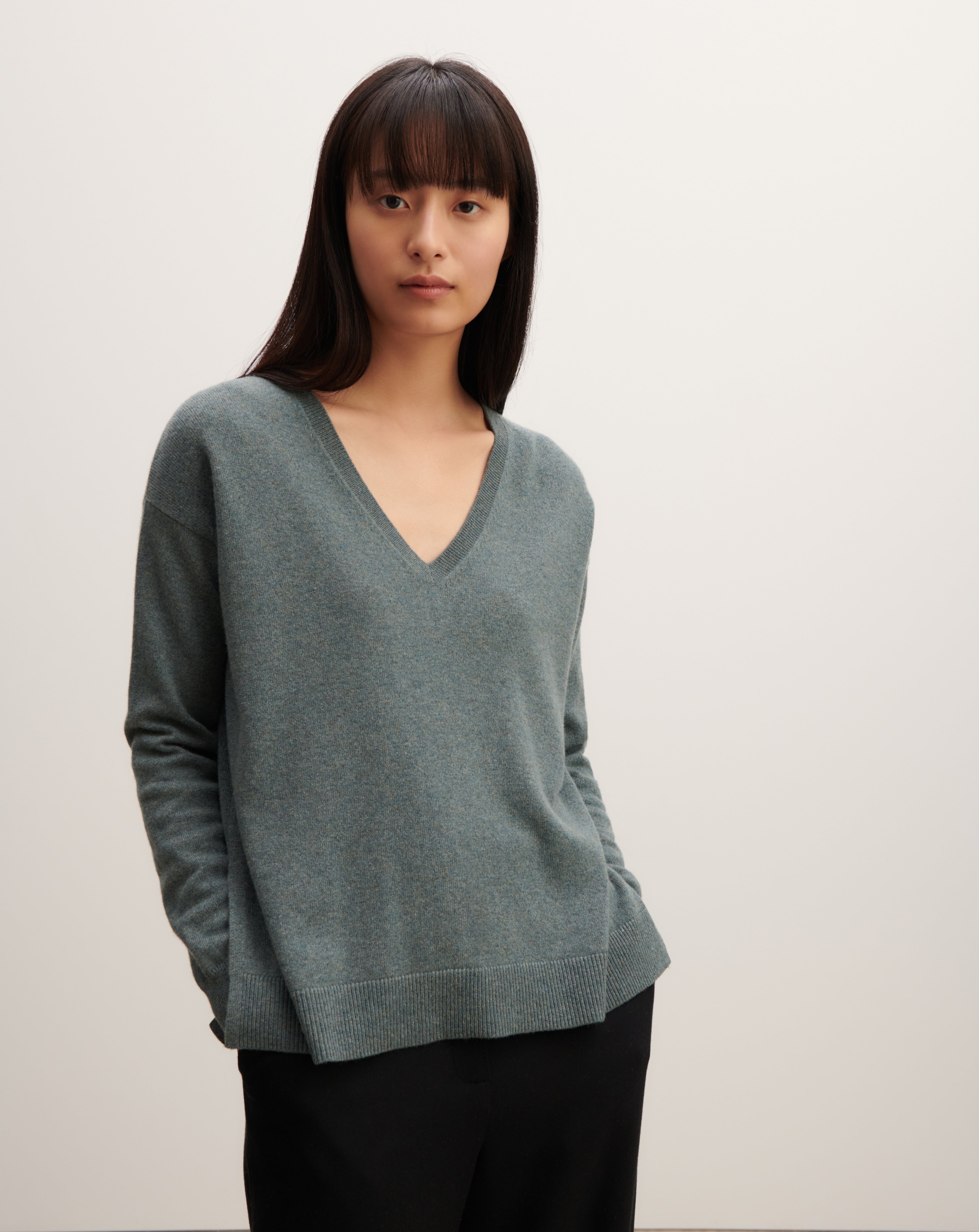 Pull col V ample-VERT RIVAGE-100% cachemire