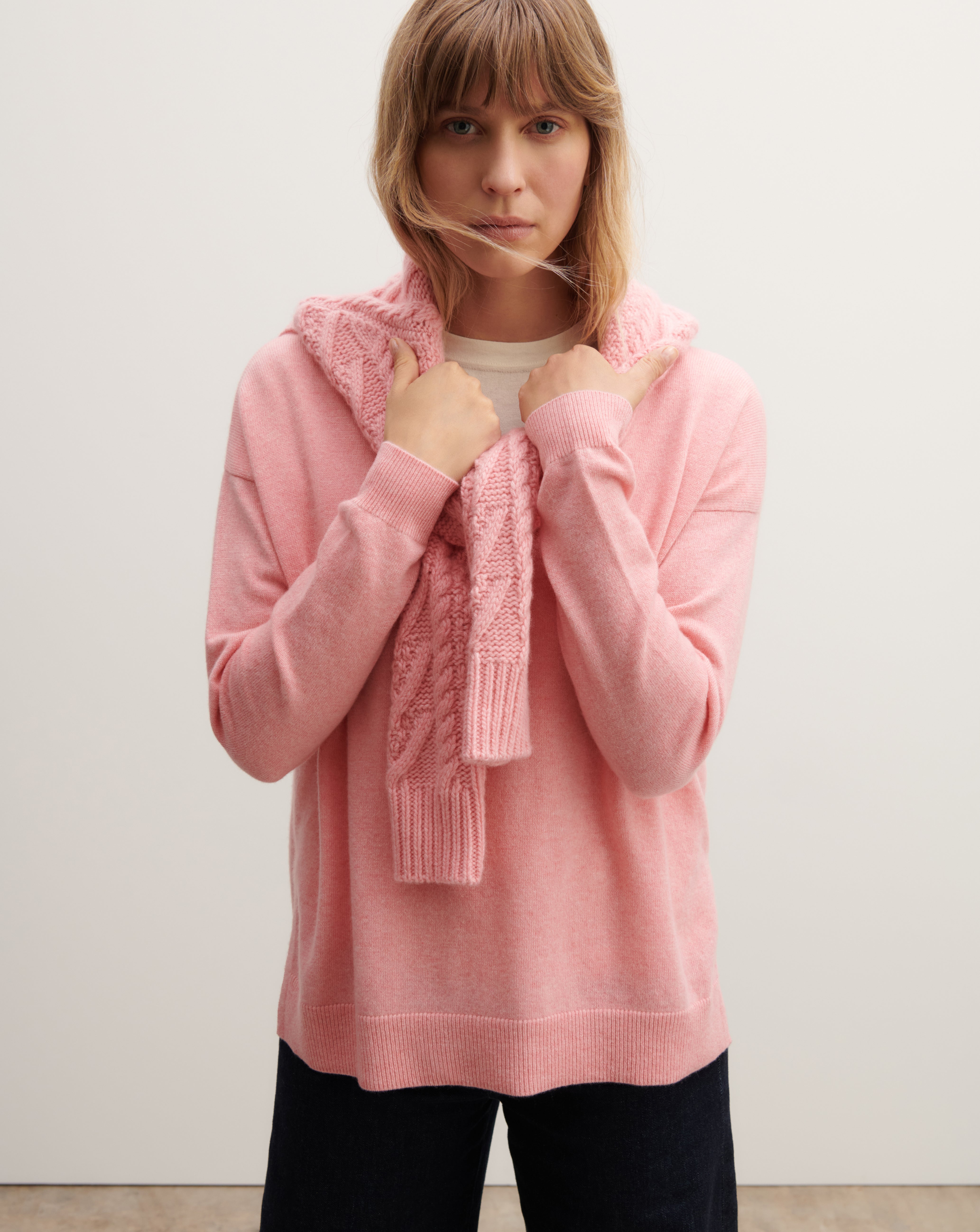 Pull col V ample-ROSE RETRO-100% cachemire