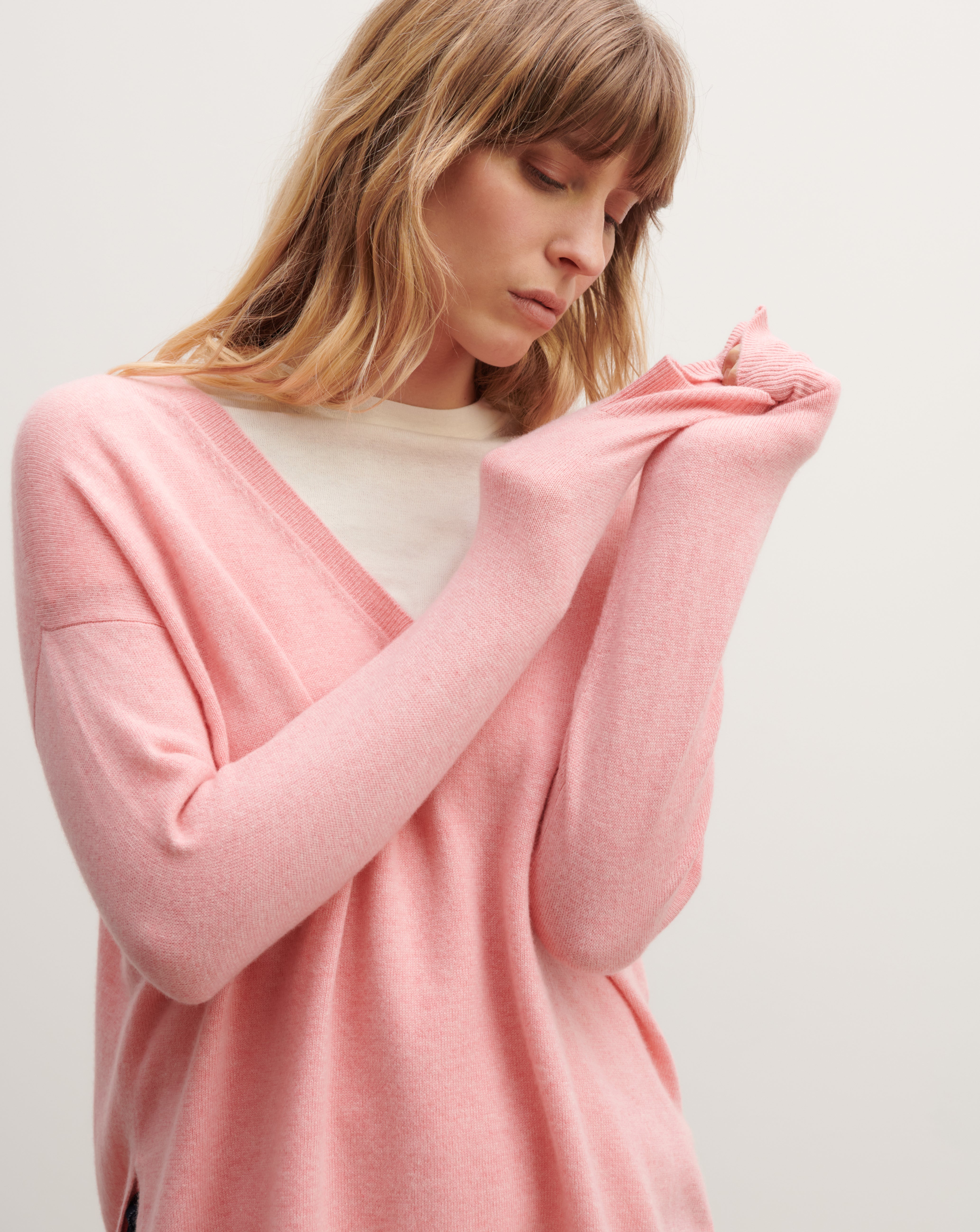 Pull col V ample-ROSE RETRO-100% cachemire