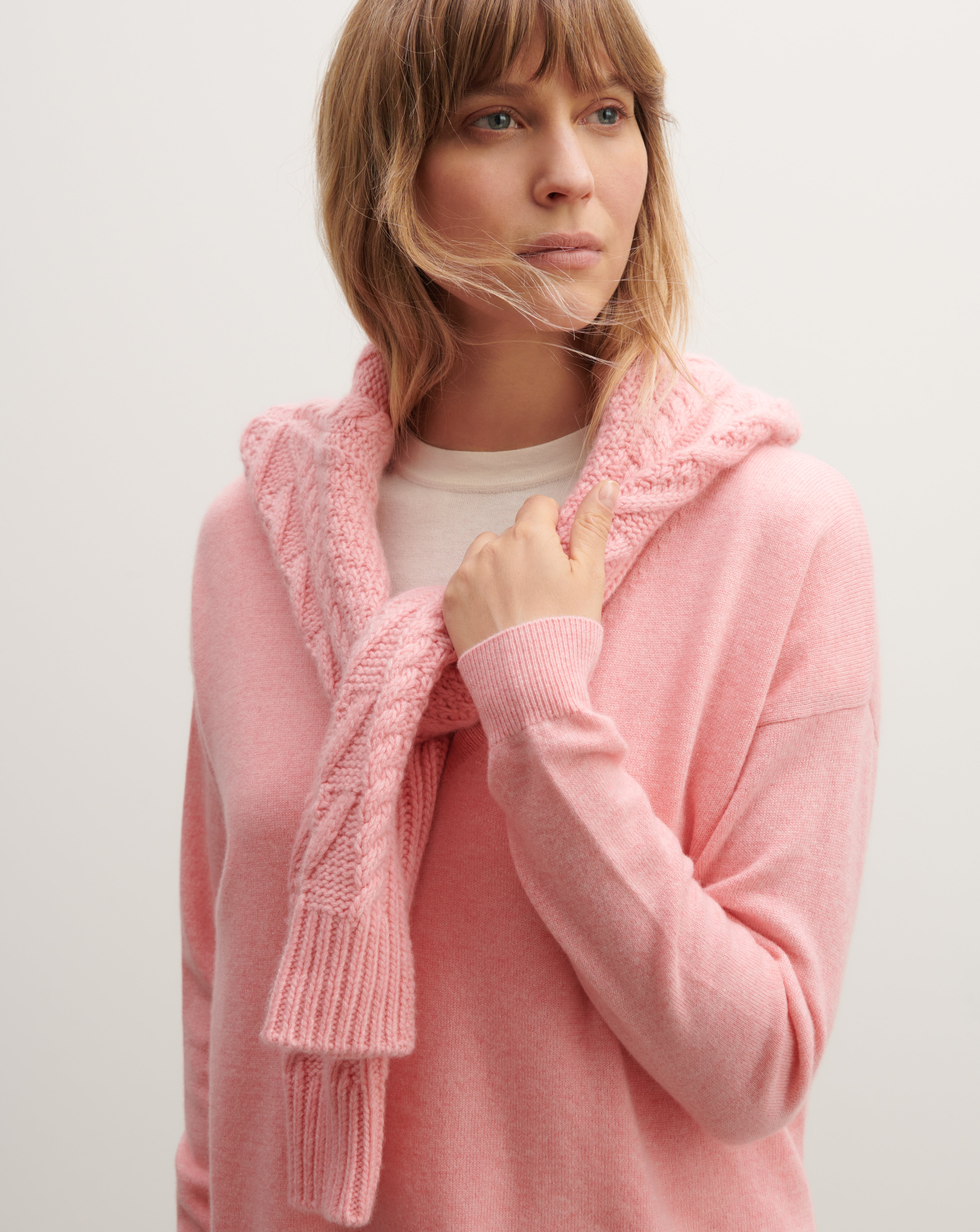 Pull col V ample-ROSE RETRO-100% cachemire