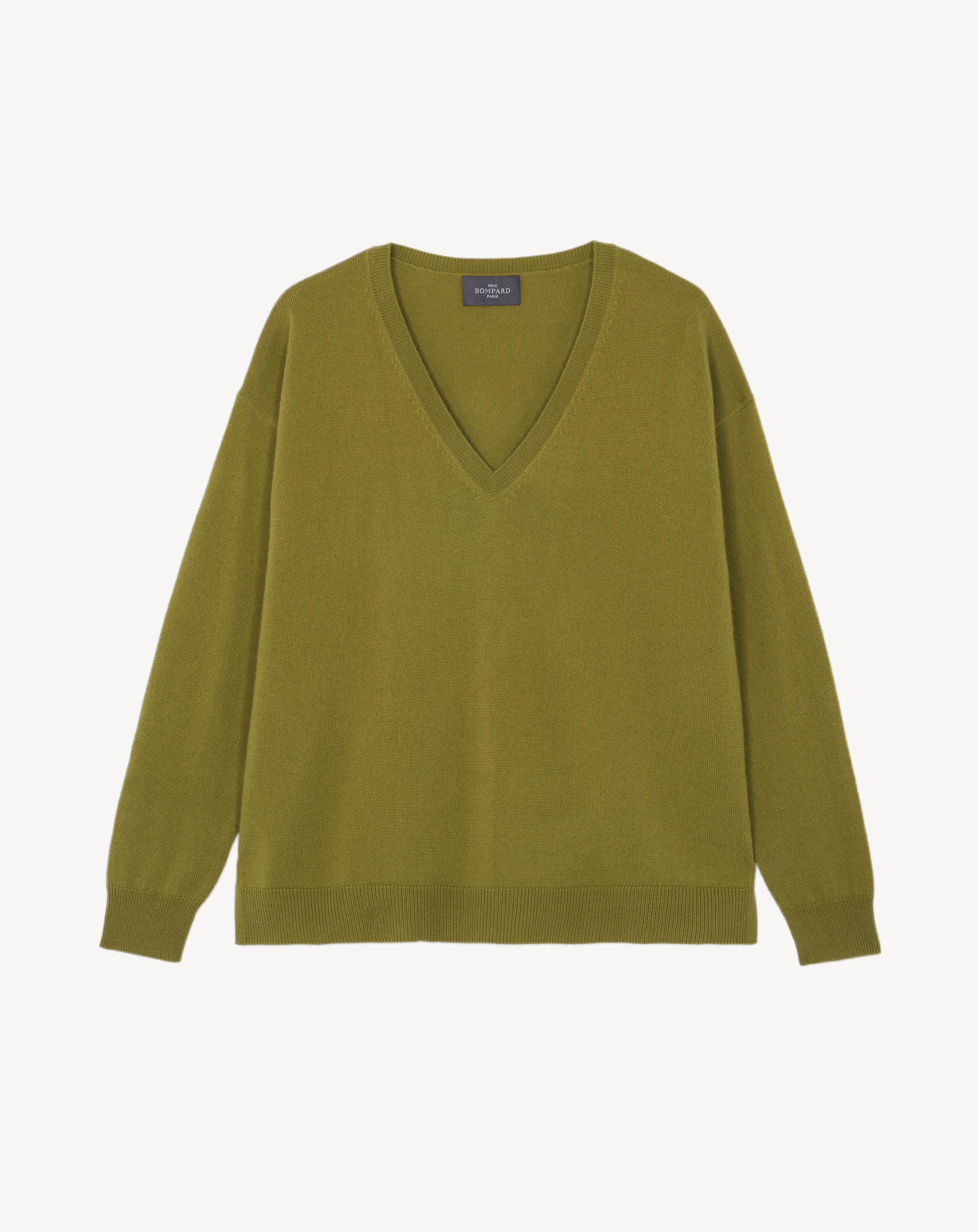 Pull col V ample-VERT BONSAI-100% cachemire