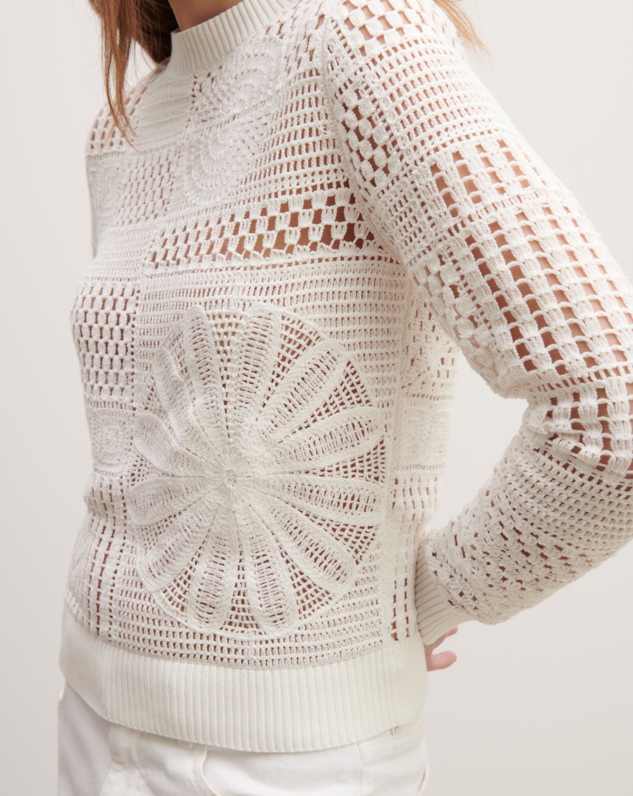 Pull col rond en crochet-NATUREL-100% coton