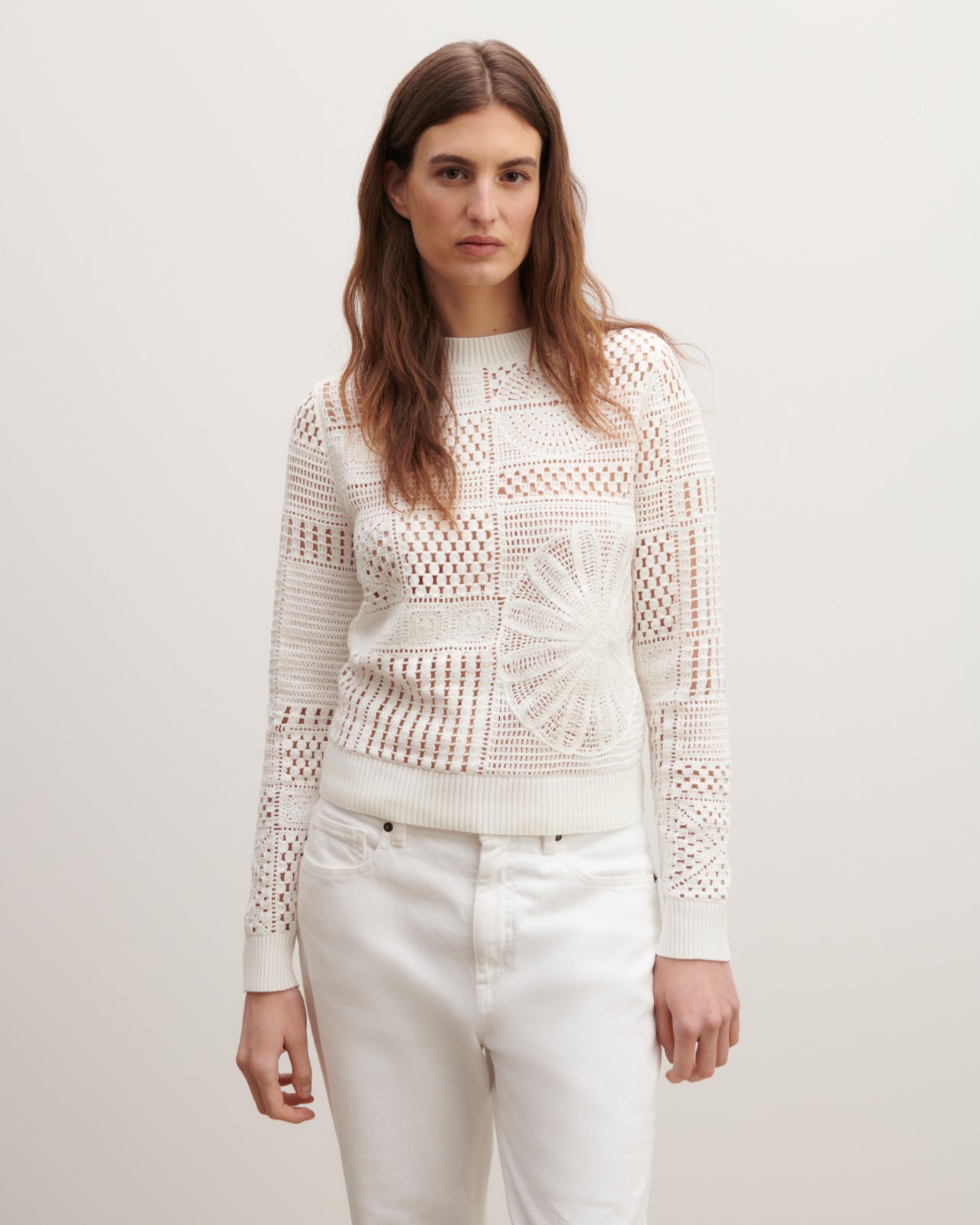 Pull col rond en crochet-NATUREL-100% coton