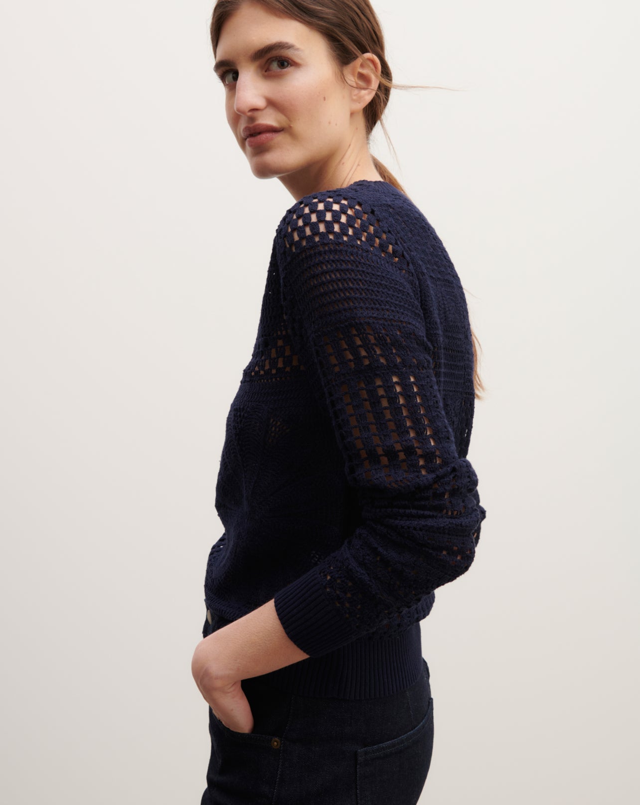 Pull col rond en crochet-MARINE-100% coton