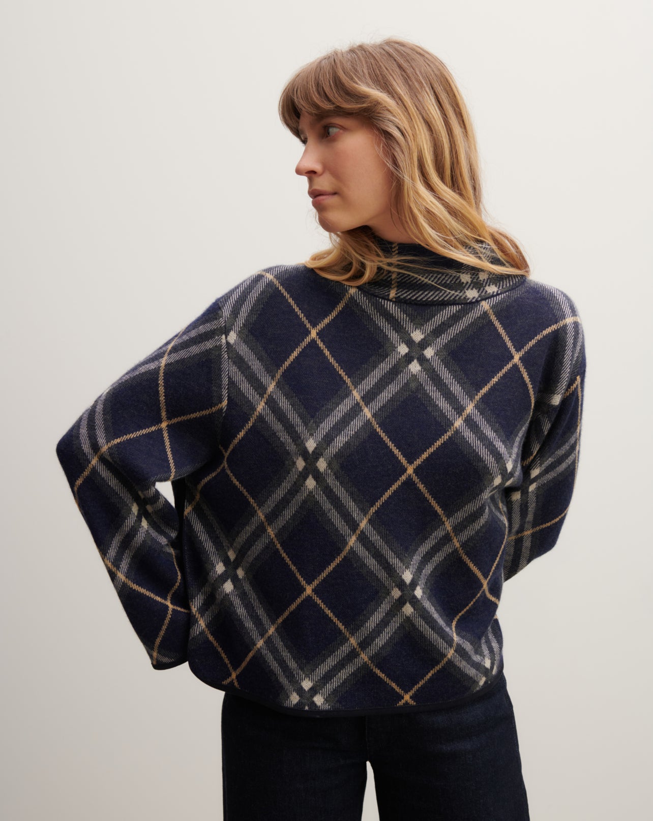 Pull col montant tartan-MARINE-83% LAINE 17% CACHEMIRE