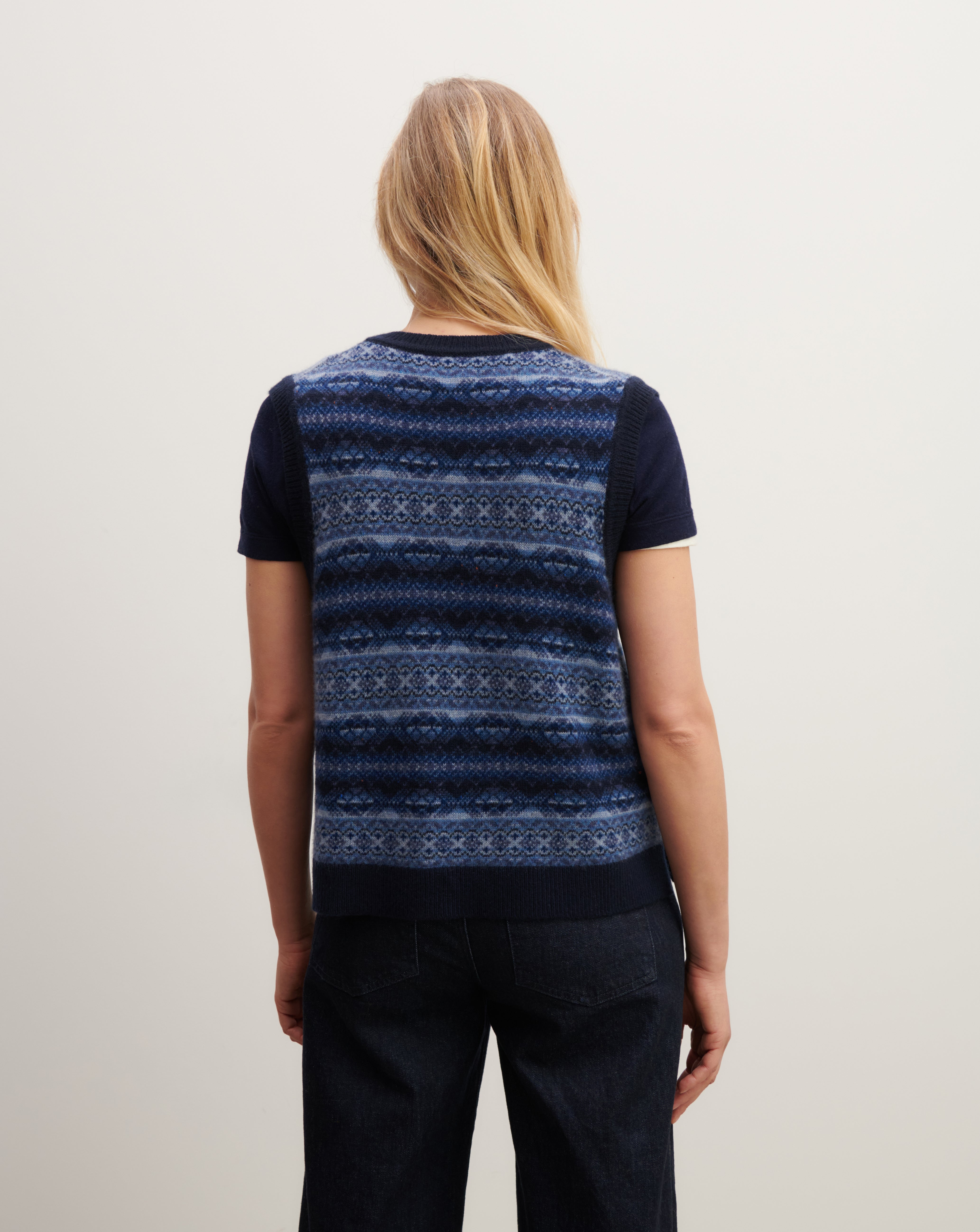 Pull V sans manches fairisle-MARINE-100% cachemire