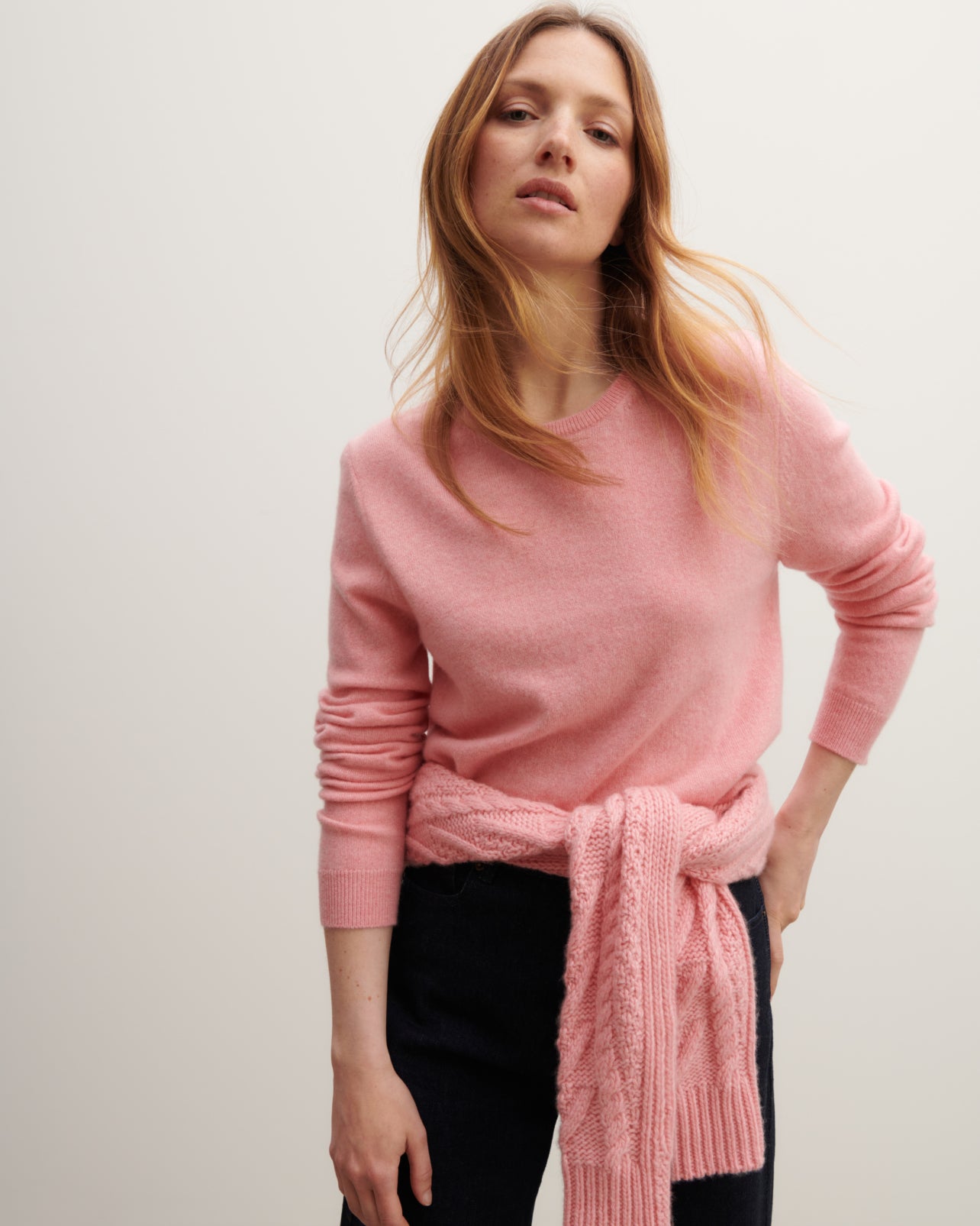 Pull col rond classique-ROSE RETRO-100% cachemire