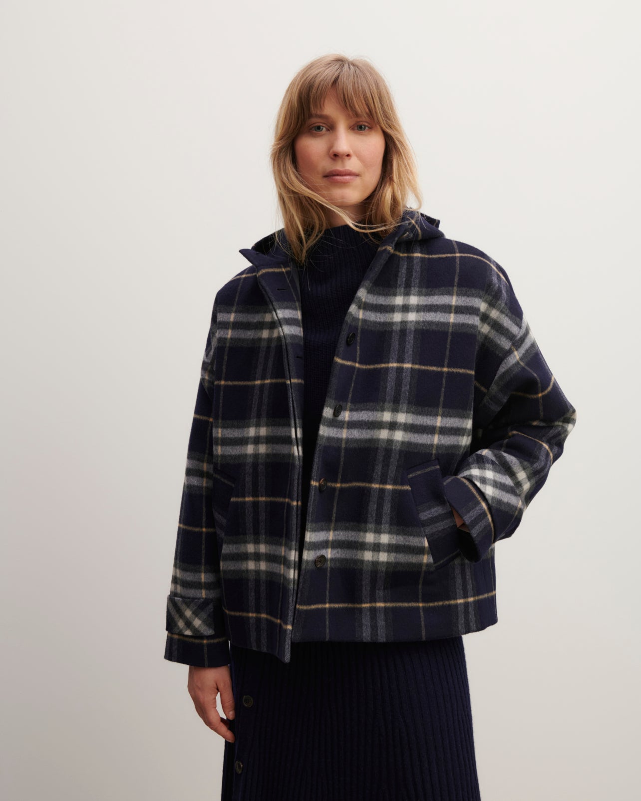 Manteau tartan à capuche-MARINE-90% laine 10% cachemire