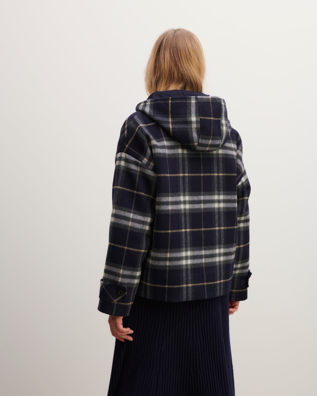 Manteau tartan à capuche-MARINE-90% laine 10% cachemire