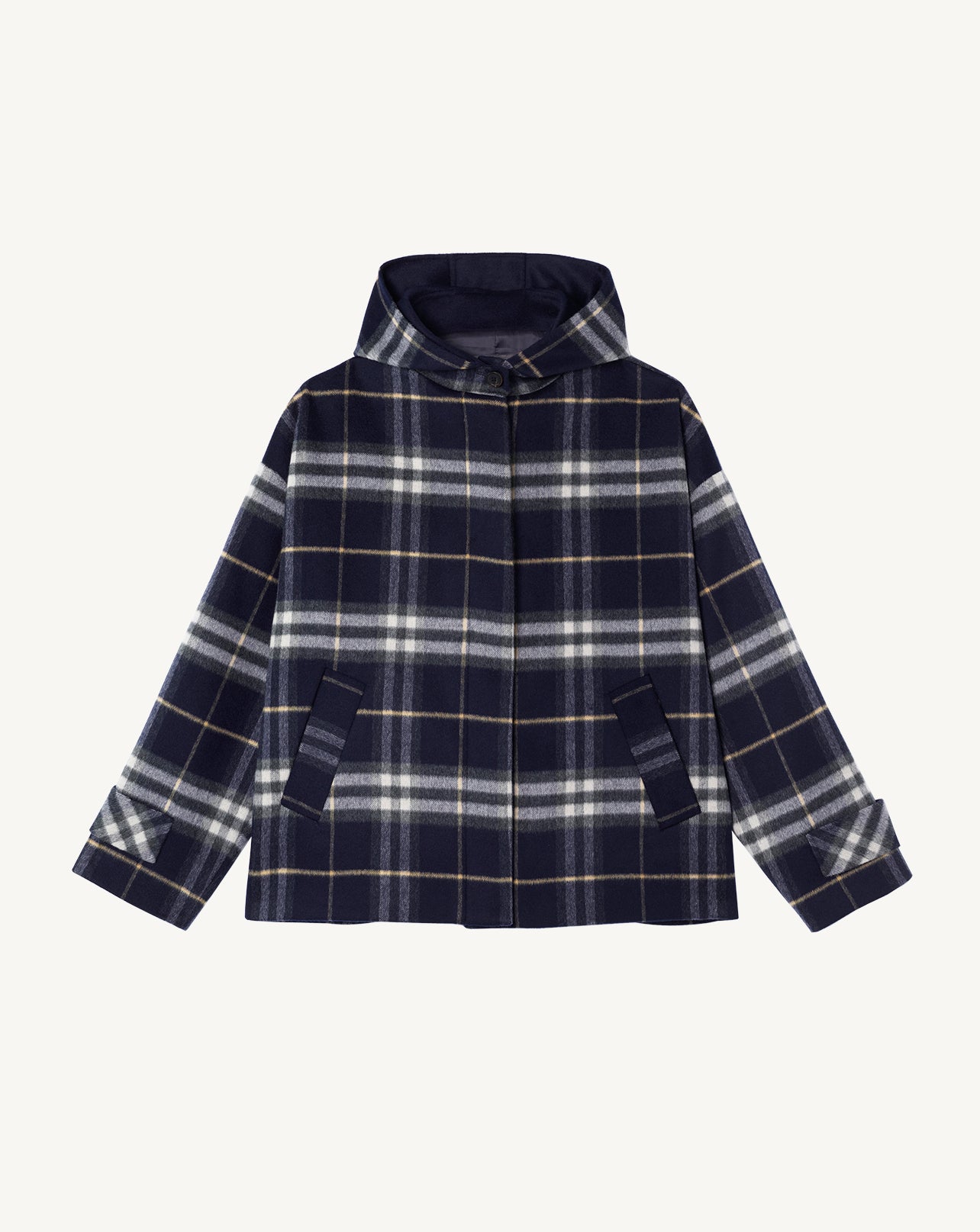 Manteau tartan à capuche-MARINE-90% laine 10% cachemire