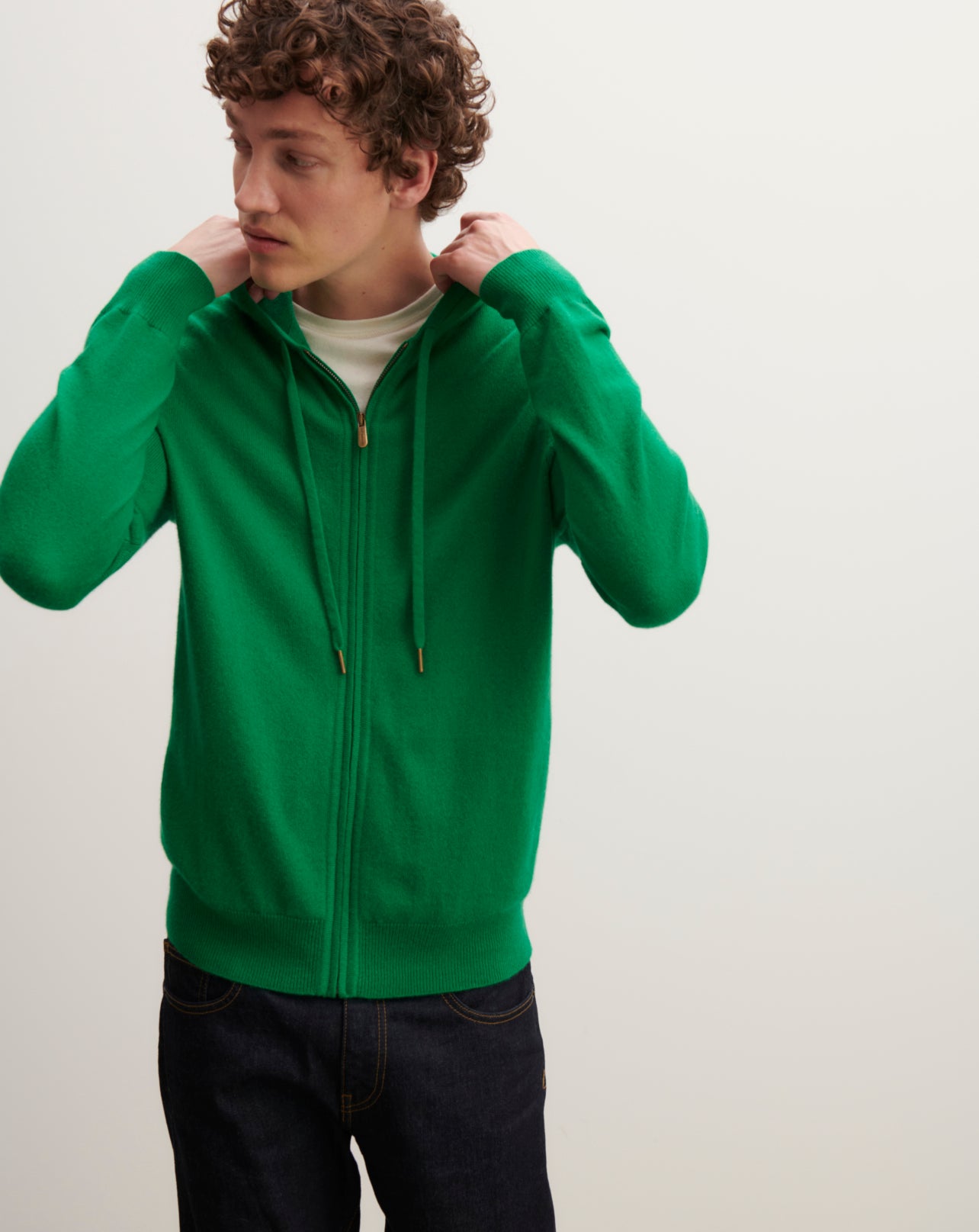 Pull à capuche zippé-VERT CAROUBY-100% cachemire