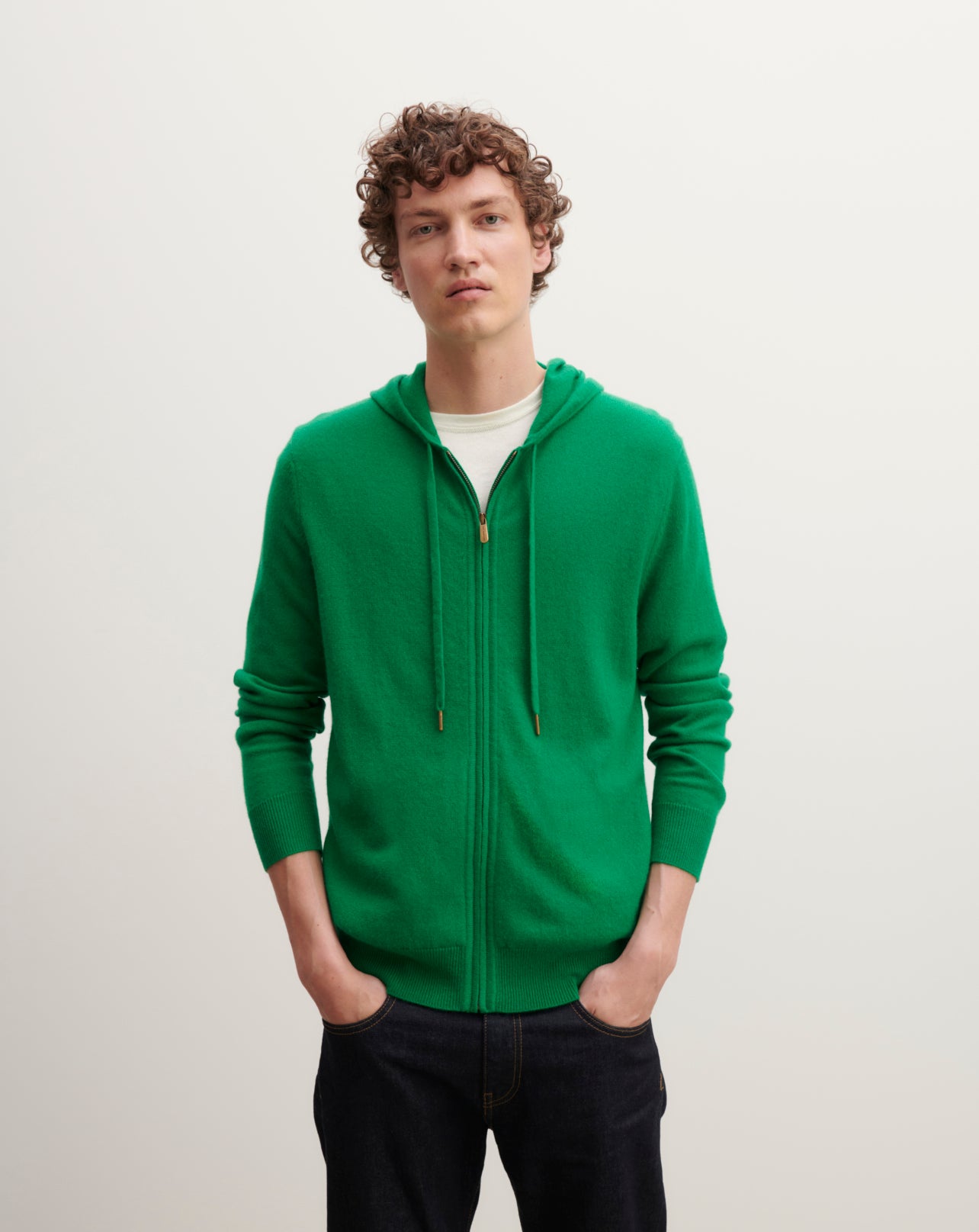 Pull à capuche zippé-VERT CAROUBY-100% cachemire