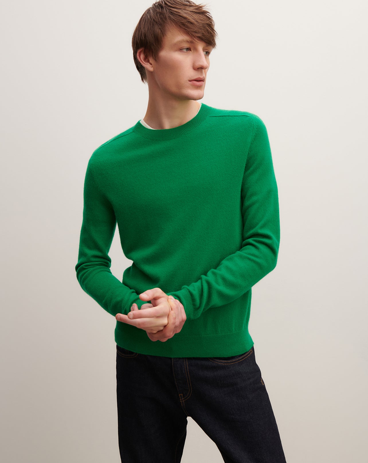 Pull col rond manches marteau-VERT CAROUBY-100% cachemire