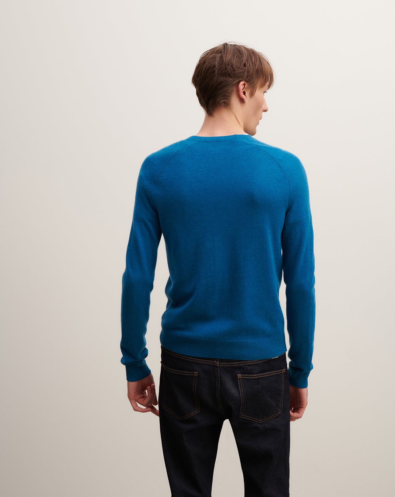 Pull V manches marteau-BLEU PAON-100% cachemire