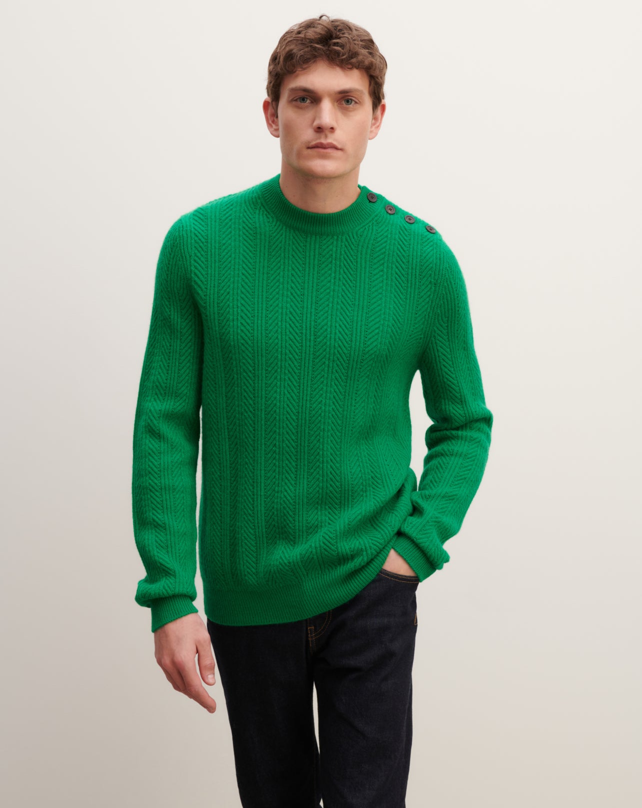 Pull col rond à chevrons-VERT CAROUBY-50% cachemire 50% laine