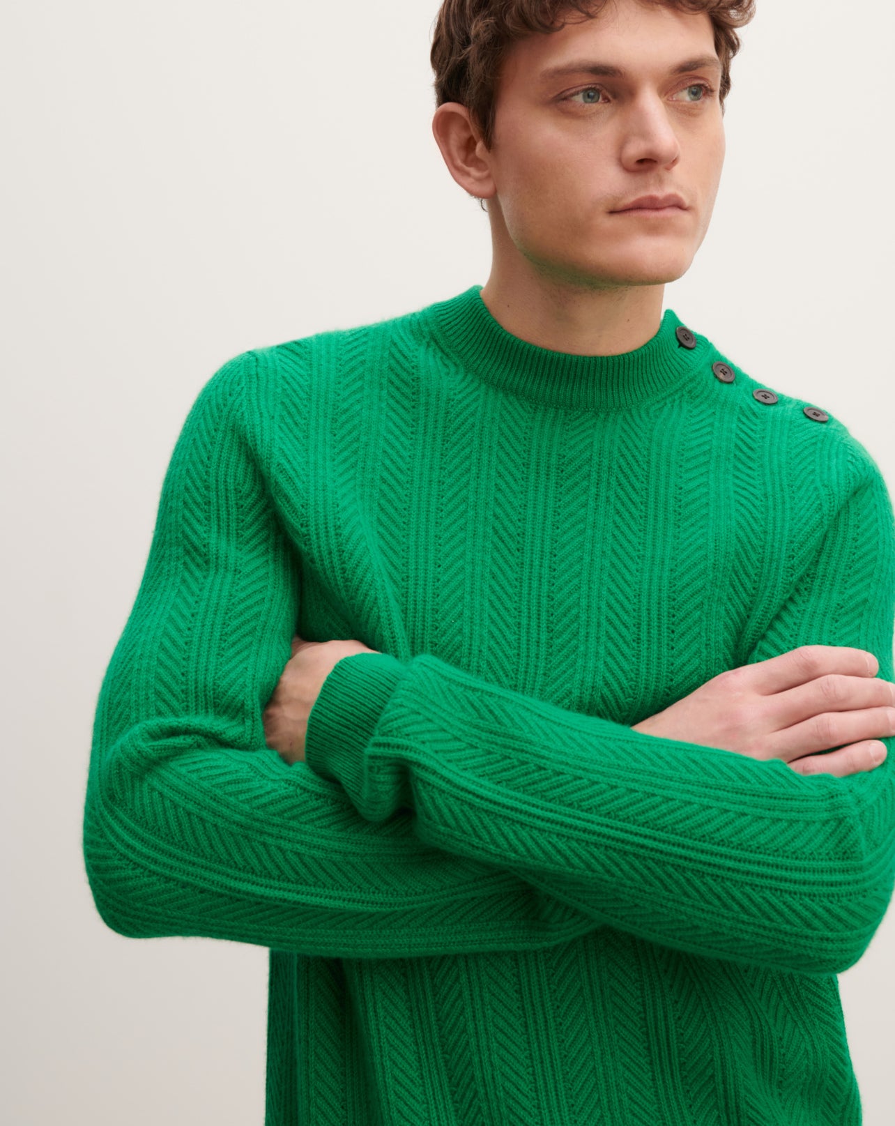 Pull col rond à chevrons-VERT CAROUBY-50% cachemire 50% laine