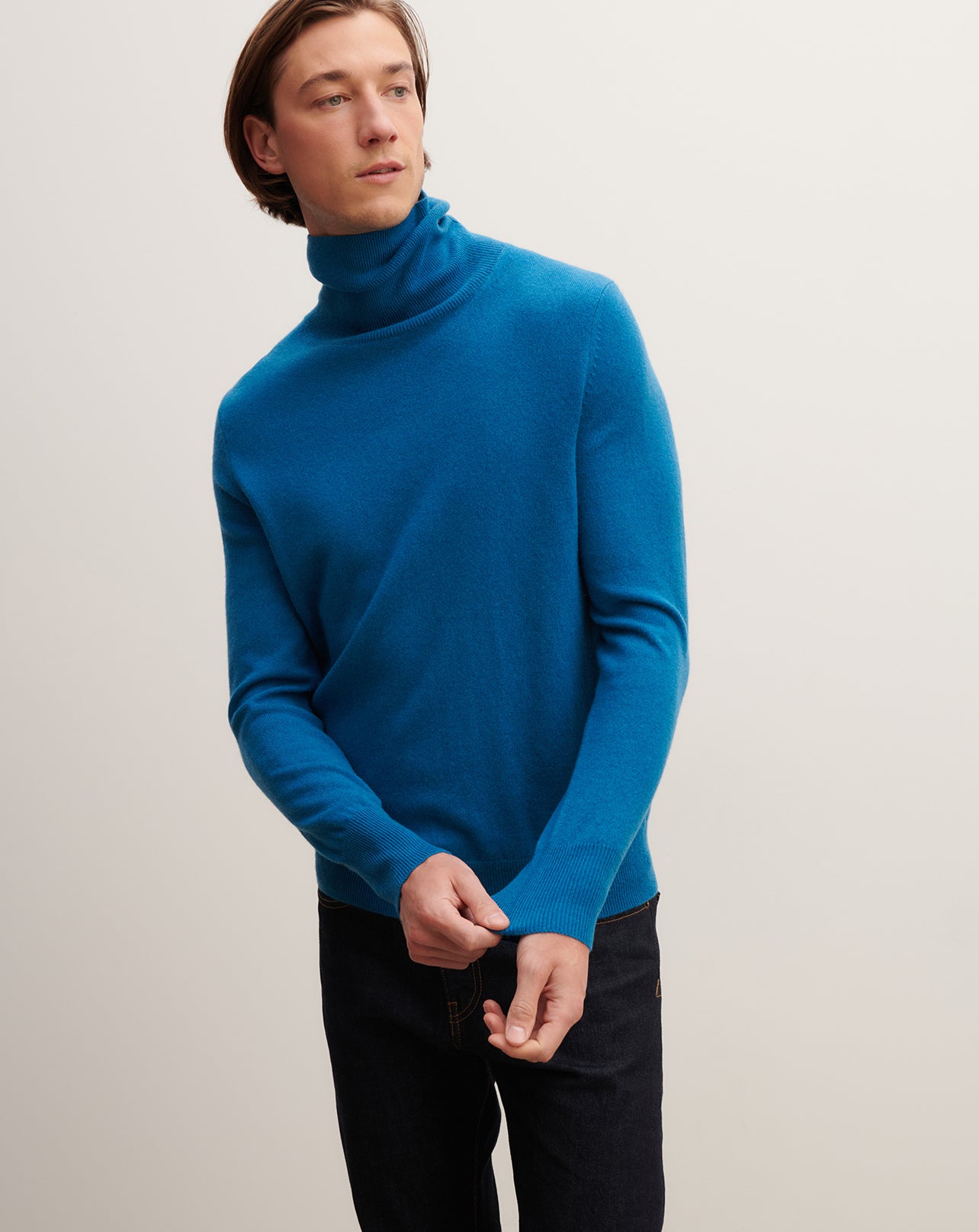 Pull col roulé classique-BLEU PAON-100% cachemire