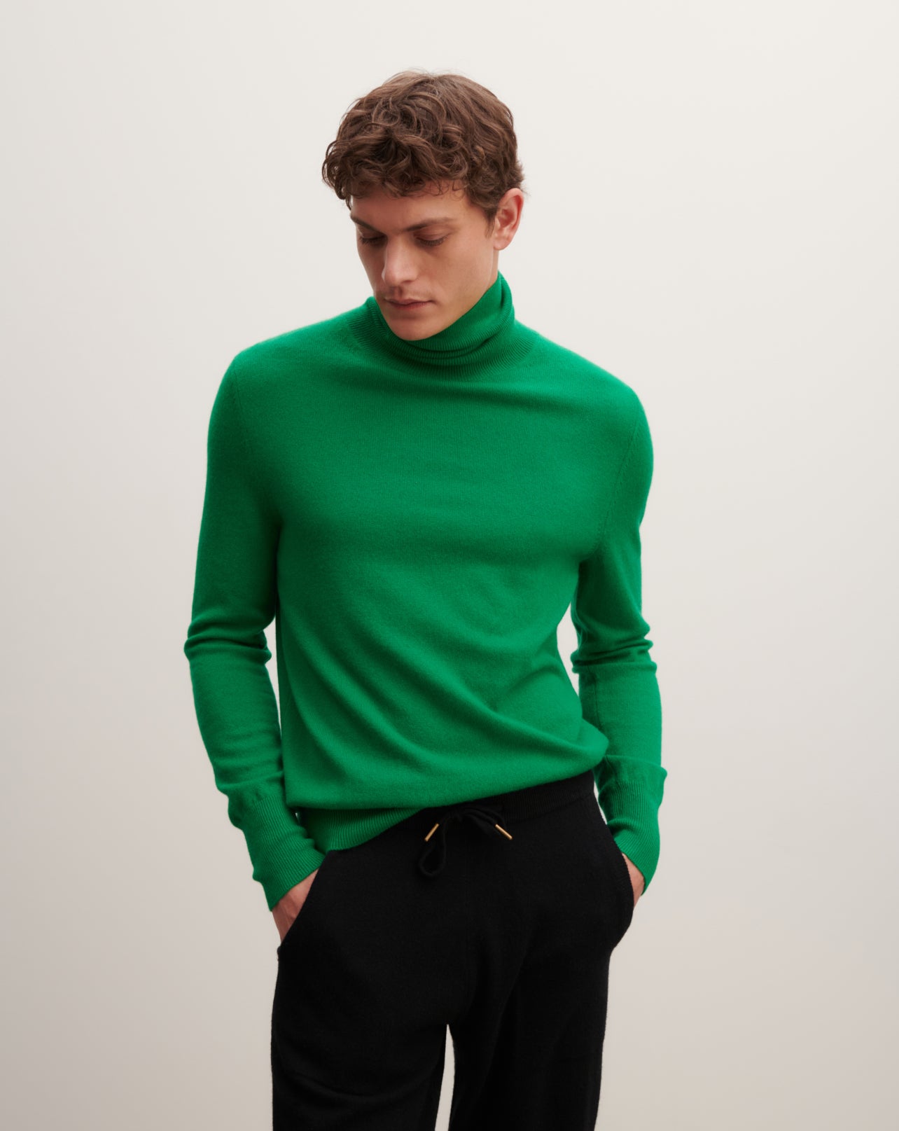 Pull col roulé classique-VERT CAROUBY-100% cachemire